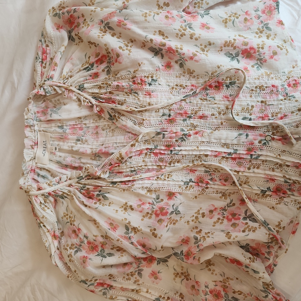 THE GREAT. Floral Print Blouse in Cream and Pink